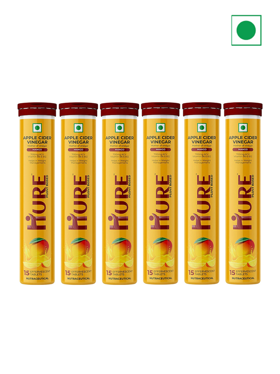 HURE THE PLANT FIX Premium Set Of 6 Mango Apple Cider Vinegar Tablets - 15 Tablets Each