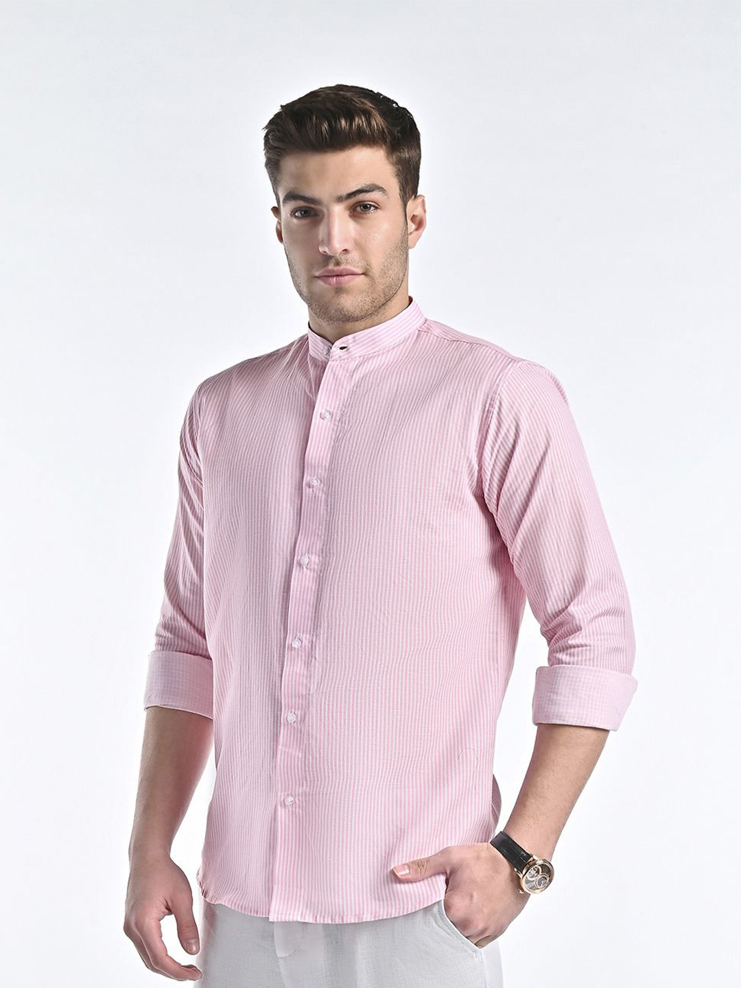 VELLURE Men's Pinstripe Linen Full Sleeve Shirt