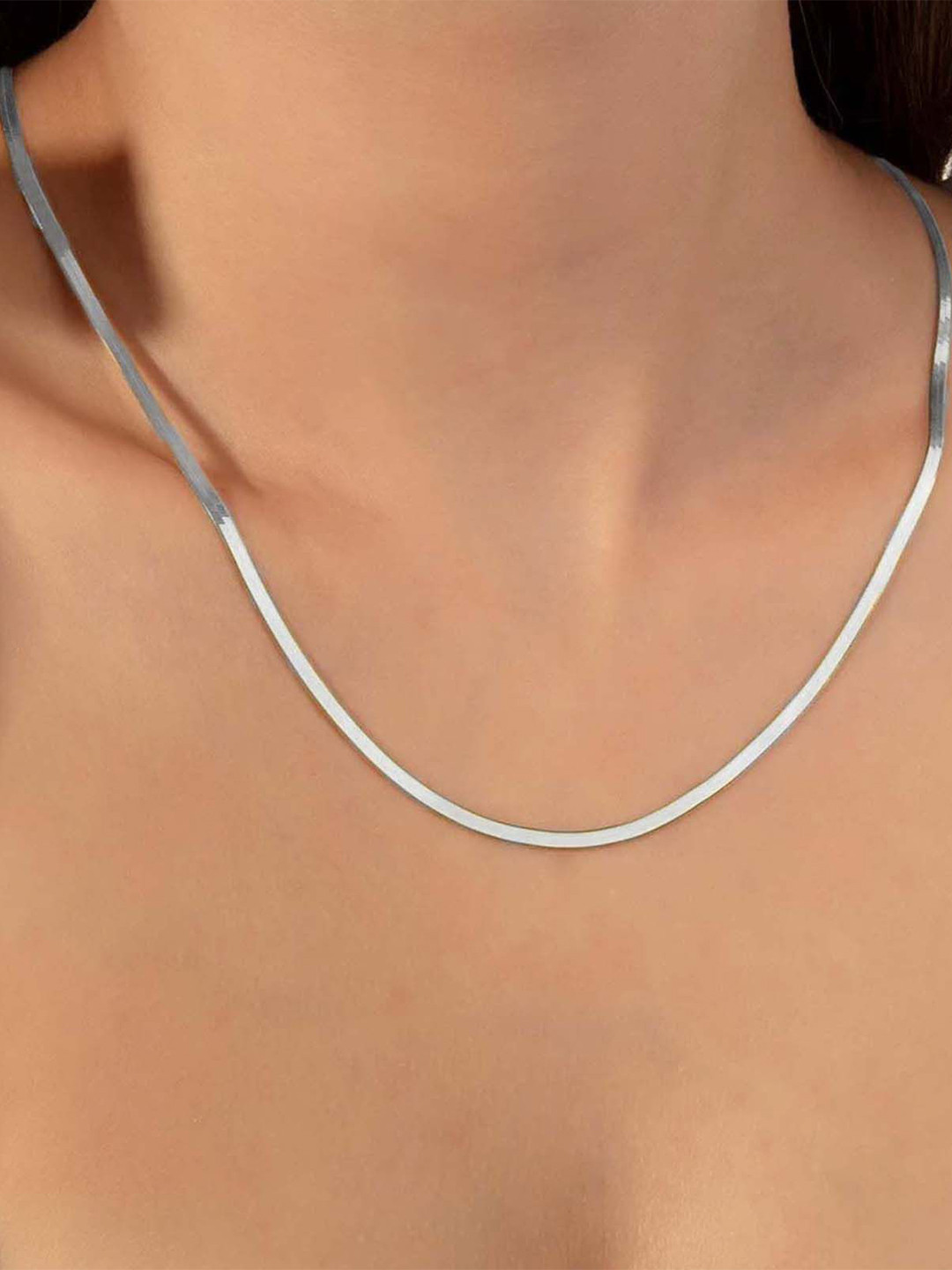 VAMA Women Simple Stainless Steel Silver Flat Snake Herringbone Neck Necklace Chains