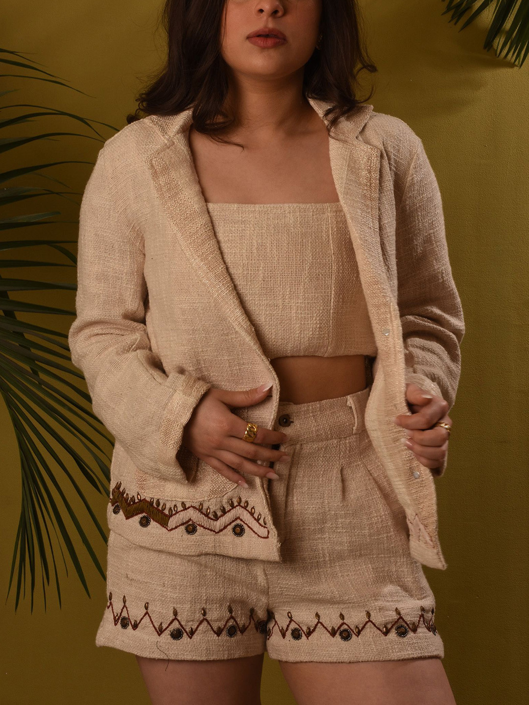 WHIMS Hand Embroidered Top With Shorts & Blazer Co-Ords