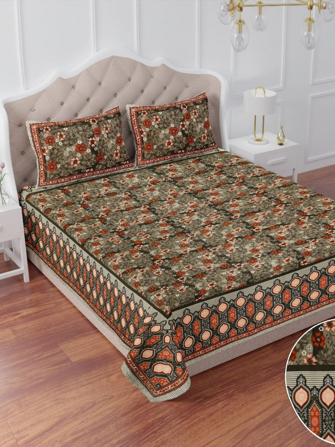 BharatLinen Brown Floral Pure Cotton 210 TC King Fine Bedsheet with 2 Pillow Covers-106 x 93 inches