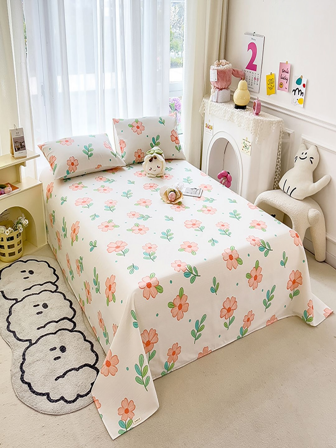 JC HOME Majestic White Floral Polycotton 140 TC King Bedsheet with 2 Pillow Covers-200 x 180 cm