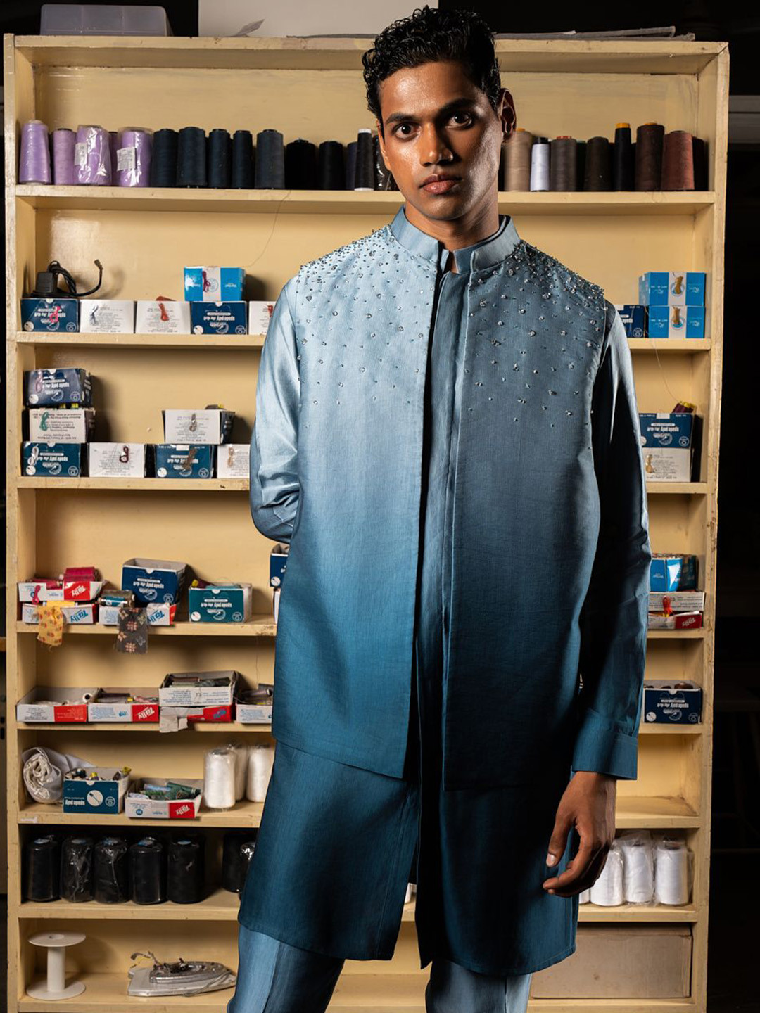 Project Bandi Men Ombre Dyed Regular Beads and Stones Kurta with Trousers