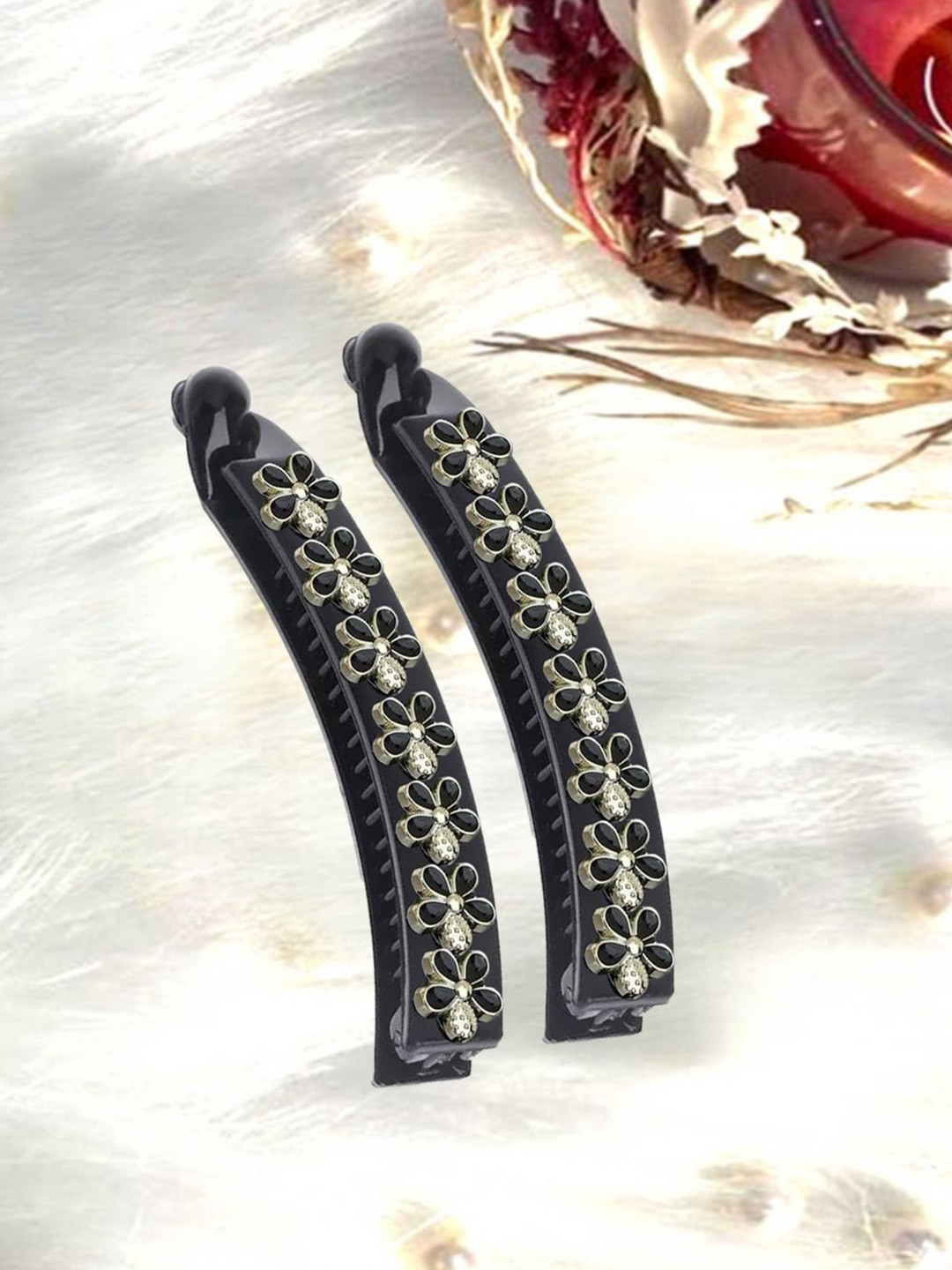 LYKAA Set of 2 Black Acrylic Plastic Banana Clips With Pearls and Flowers