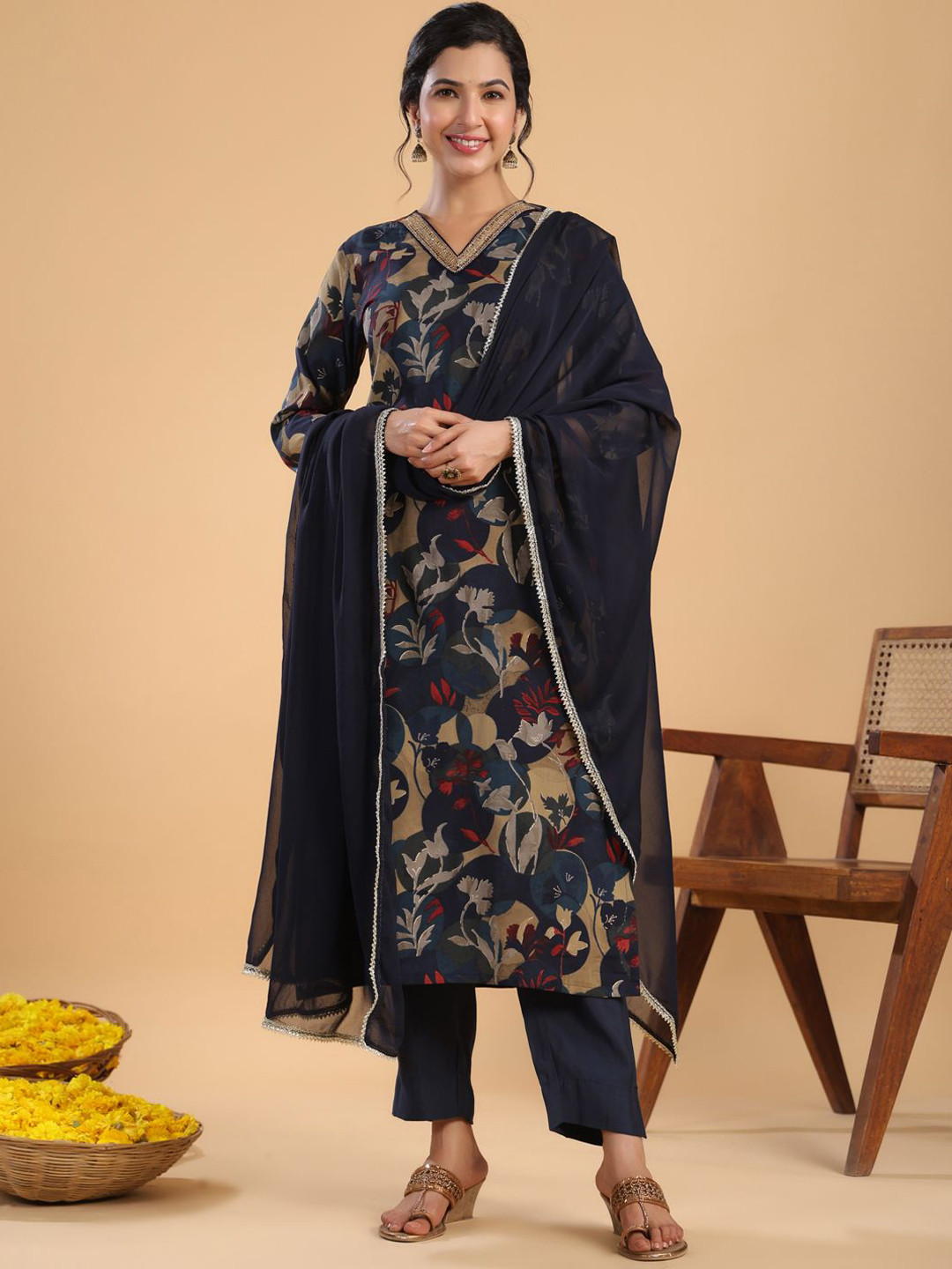 CUSTARD Floral Printed Cotton V Neck Black Kurta and Trouser with Dupatta Set