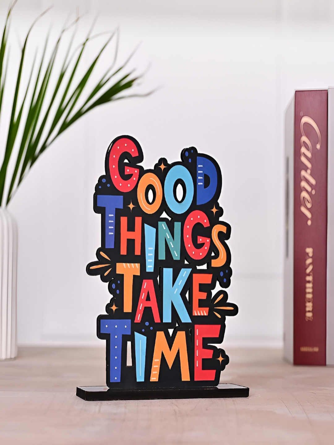 Phirki Studio Good Things Take Time Positive Quotes Black Wood Natural Living Room Small Showpiece - 7.1 Inches