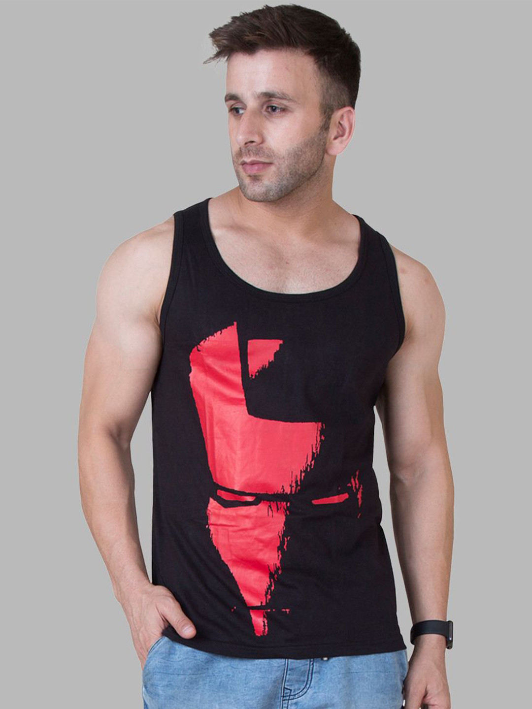 VEIRDO Pure Cotton Printed Round Neck Gym Vest VST_G4_HALFMASK_BLK