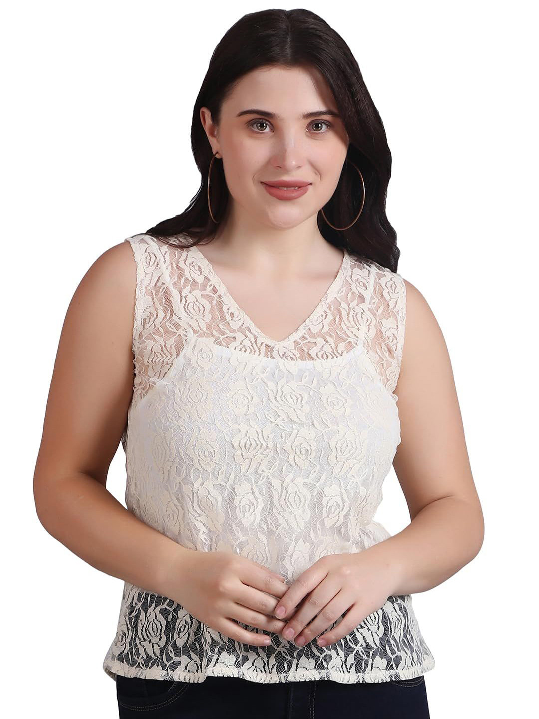 Cream-Coloured Floral Lace Detail Cotton Top with Camisole