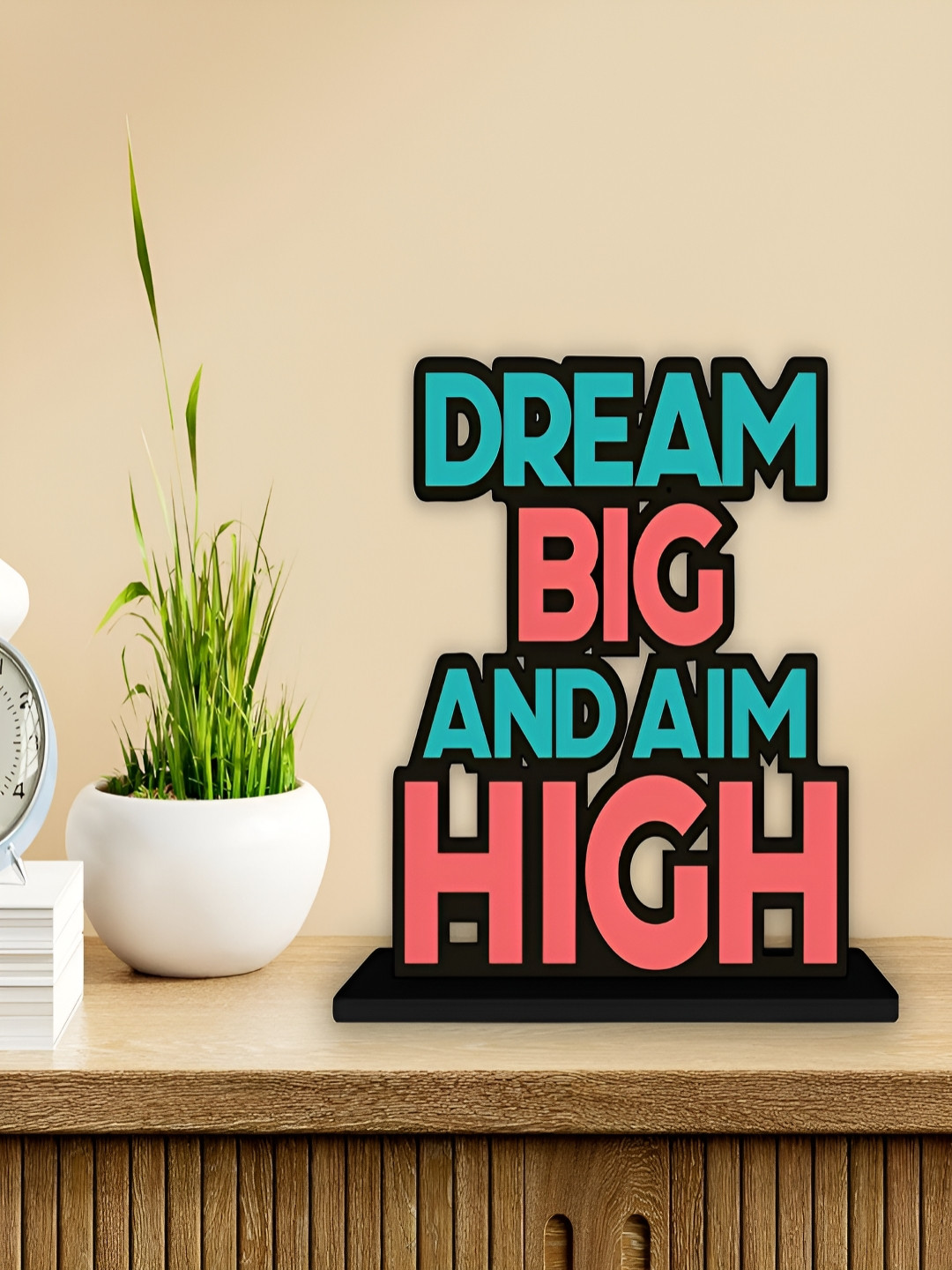 Phirki Studio Dream Big and Aim High Positive Quotes Black Wood Natural Living Room Small Showpiece - 5.5 Inches