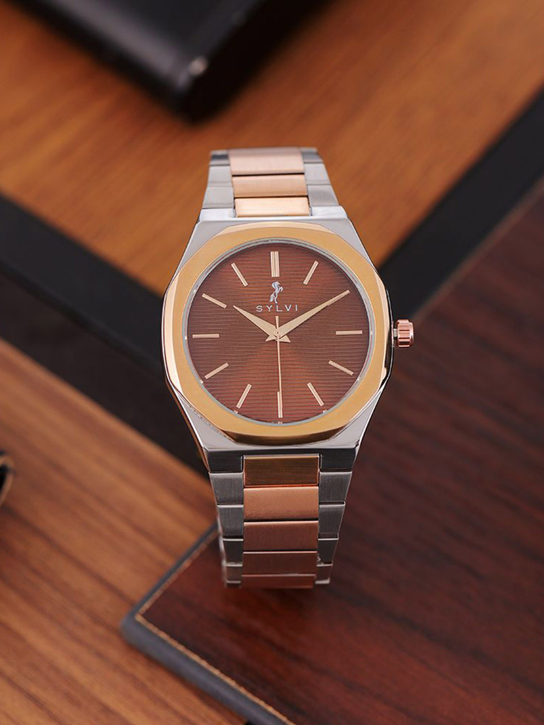 Sylvi Men Patterned Dial & Stainless Steel Straps Analogue Watch SPTOR-coffee-rose-silver