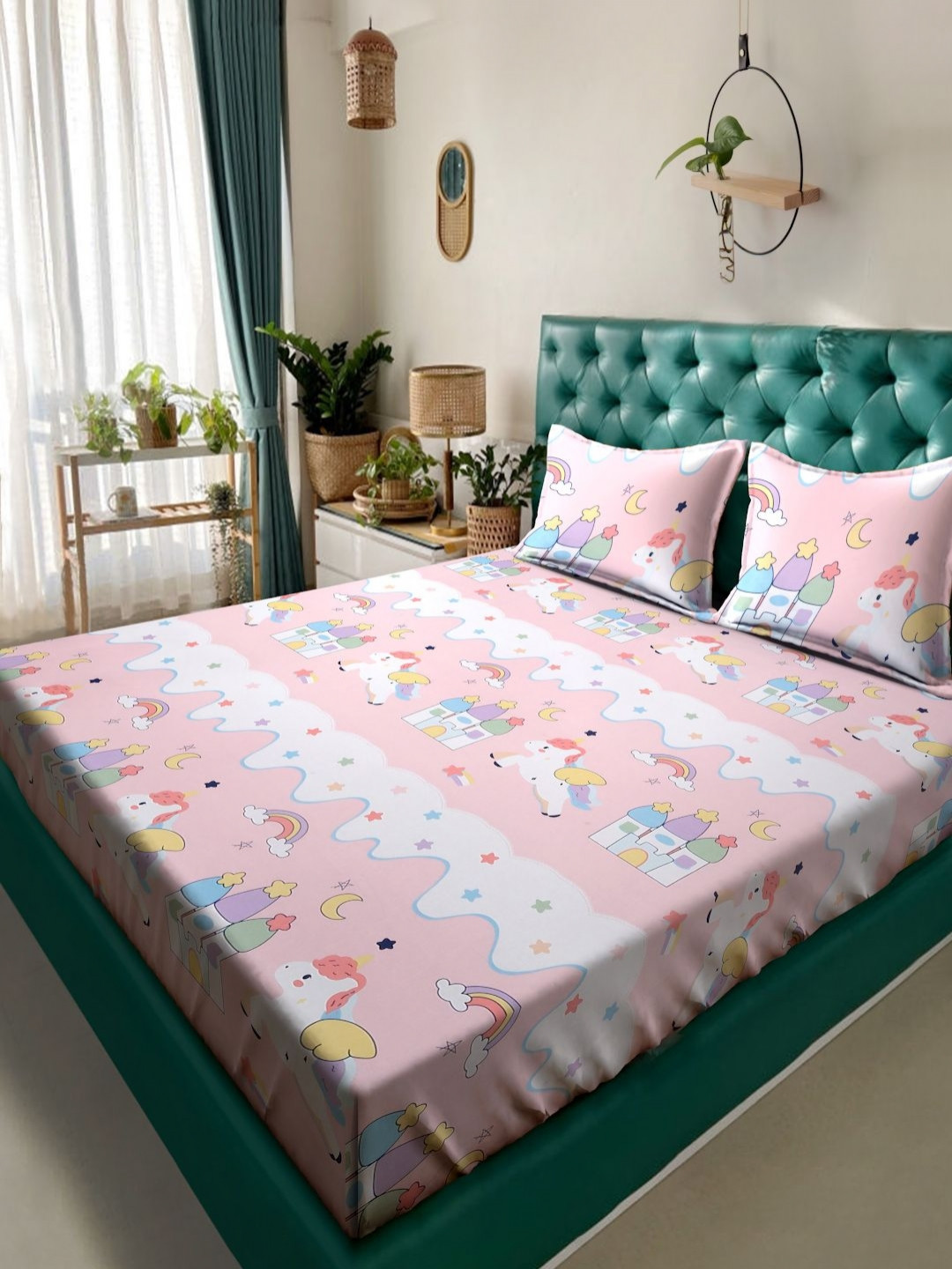 Arrabi Pink Cartoon Characters Cotton 300 TC King Fine Bedsheet with 2 Pillow Covers-98 x 85 inches