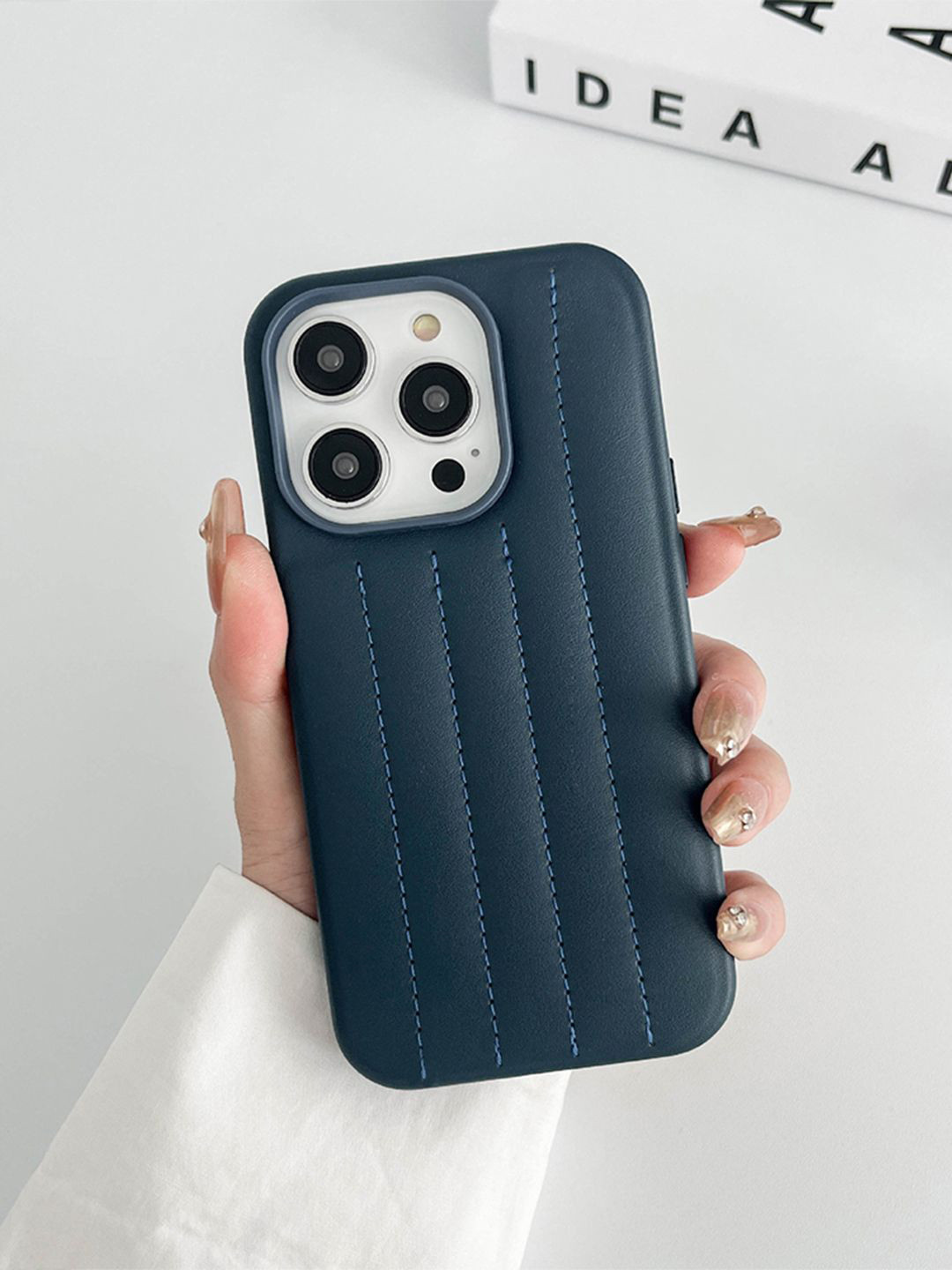 QRIOH iPhone 15 Pro Max Indigo Blue Stitch Leather Case