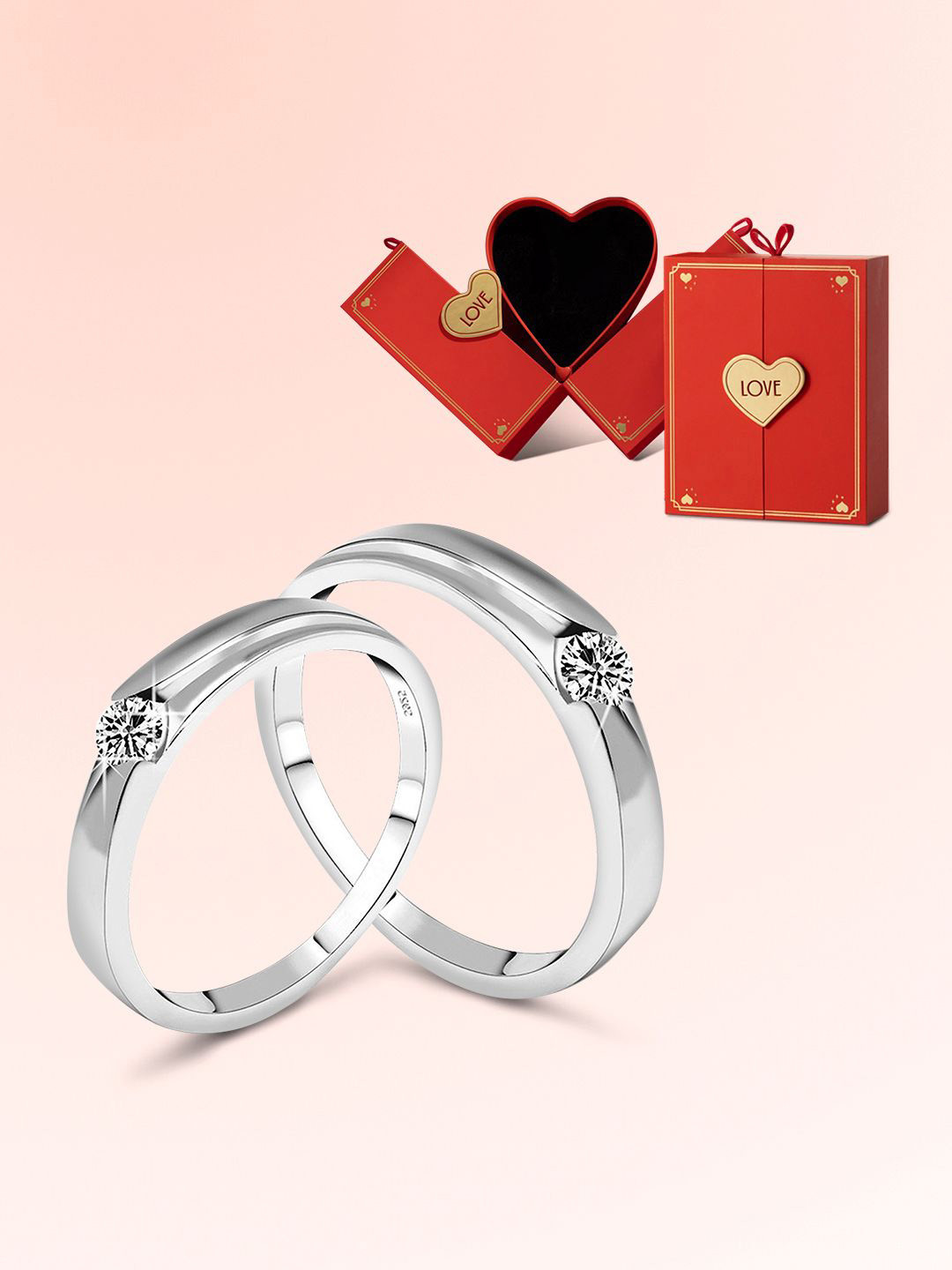 Peora Set Of 2 Rhodium-Plated Cubic Zirconia Couple Finger Rings With Jewellery Box