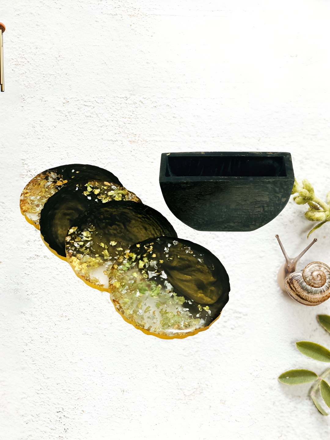 ShopMeFast Yellow & Black 5 Pieces Textured Coaster Set With Holder