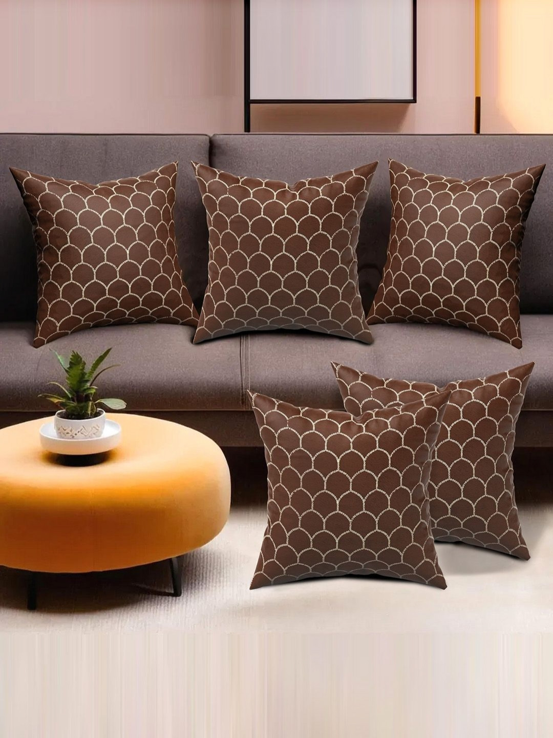 Aura Brown Set of 5 Velvet Finish Fancy Sofa Square Cushion Cover