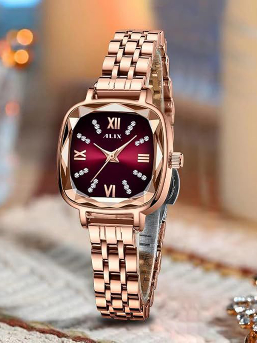 ALIX Women Embellished Dial & Stainless Steel Straps Analogue Watch AL2535_RGRD