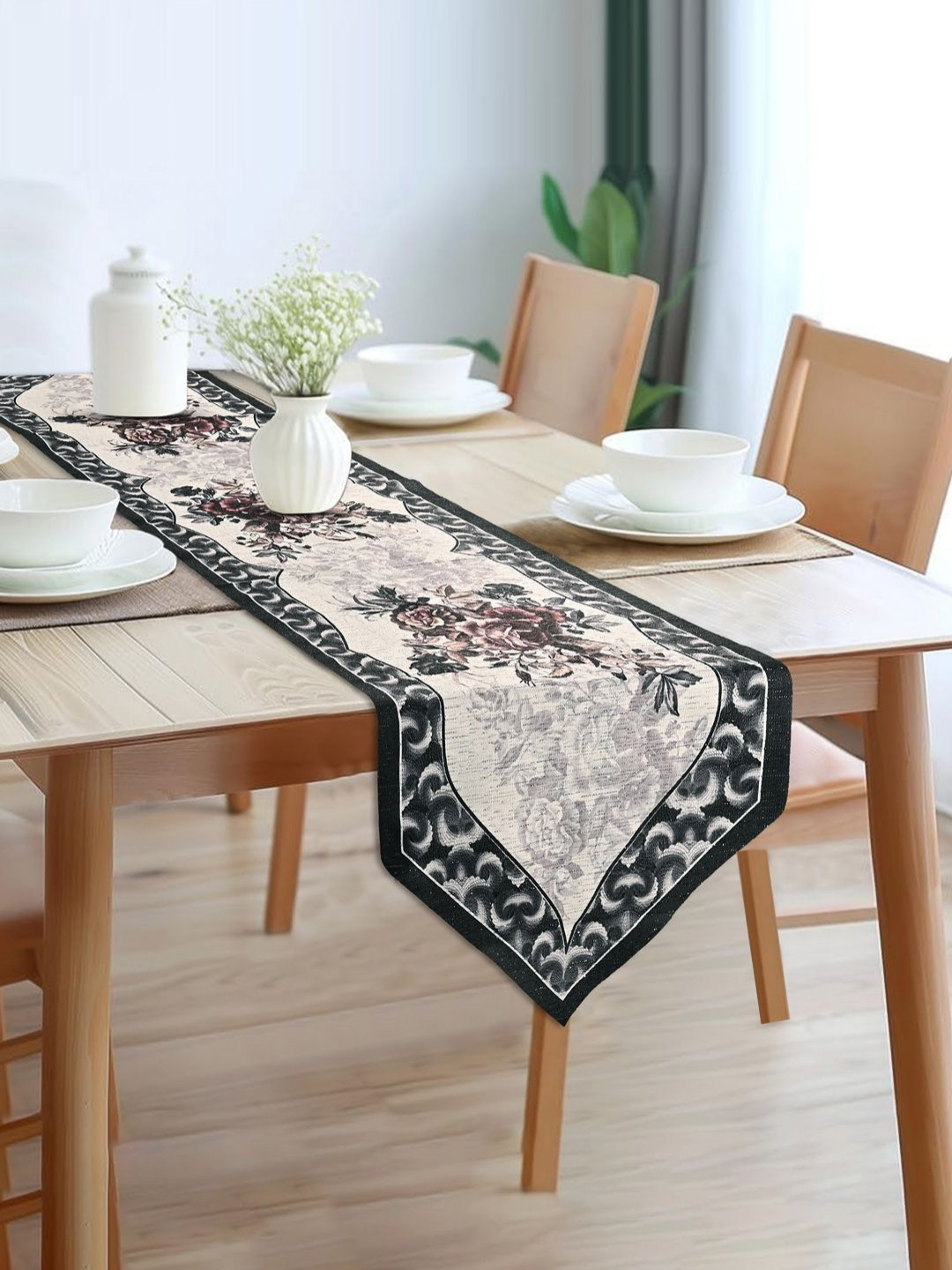 Aura Grey & Black Rose Printed Cotton Light-Weight Centre Coffee Table Runner