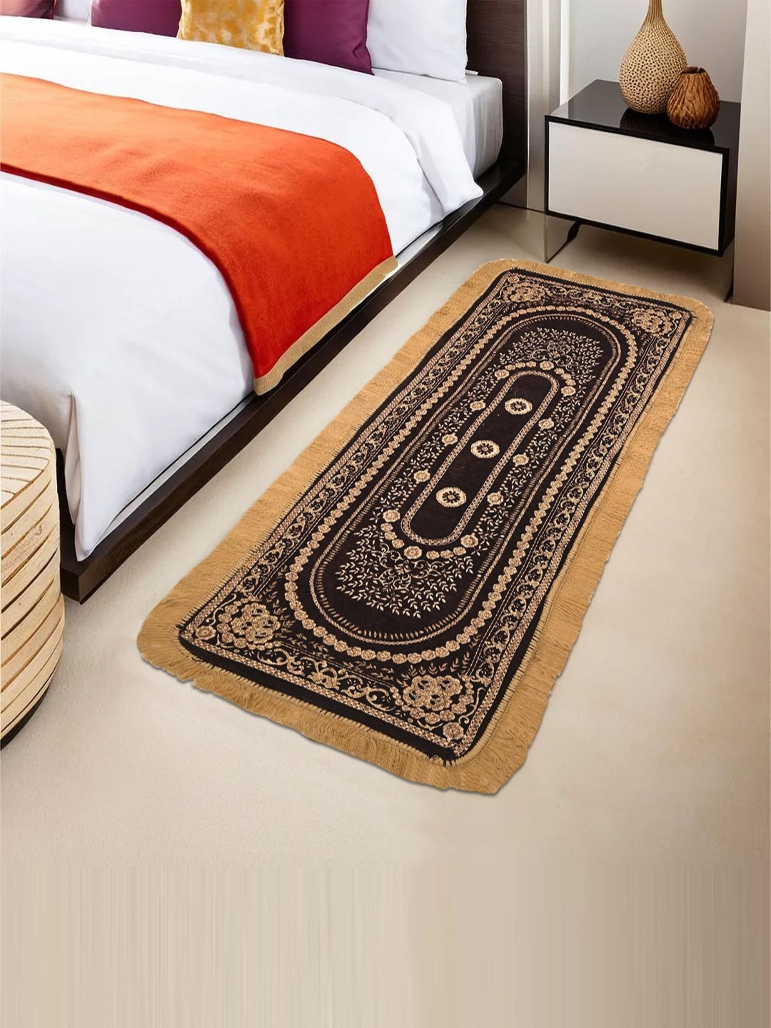Aura Beige & Brown Printed Anti-Skid Floor Bedroom Foldable & Durable Bedside Runner