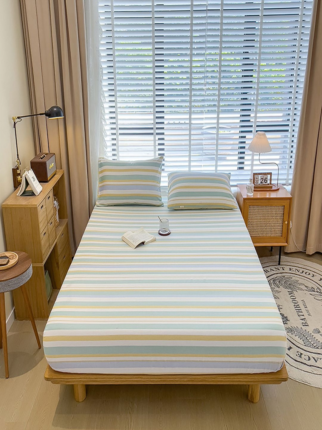 JC HOME White Striped Cotton 220 TC Fitted King Fine Bedsheet with 2 Pillow Covers-120 x 230cm