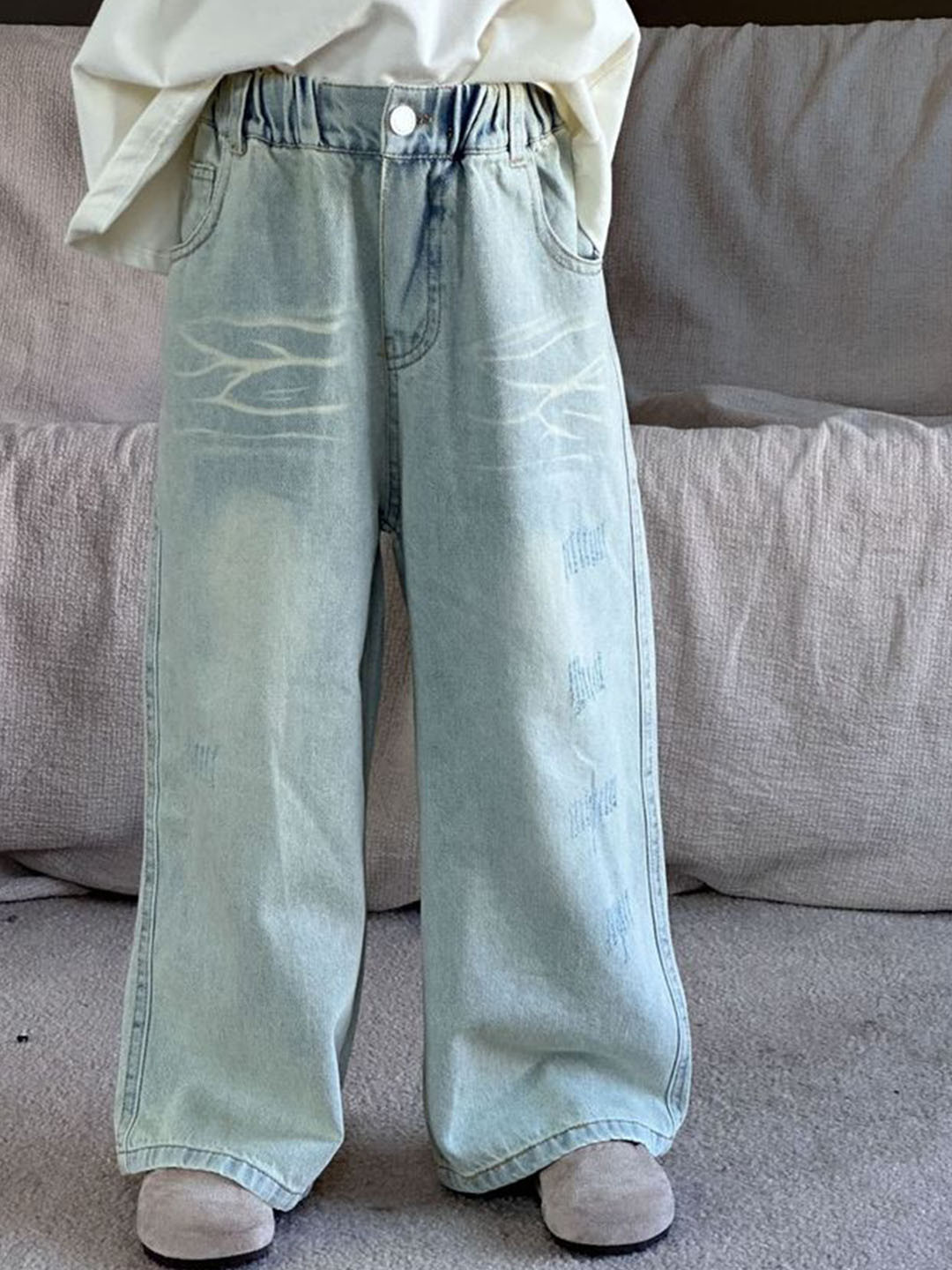 LULU & SKY Unisex Kids Boyfriend Fit High-Rise Low Distress Light Fade Jeans