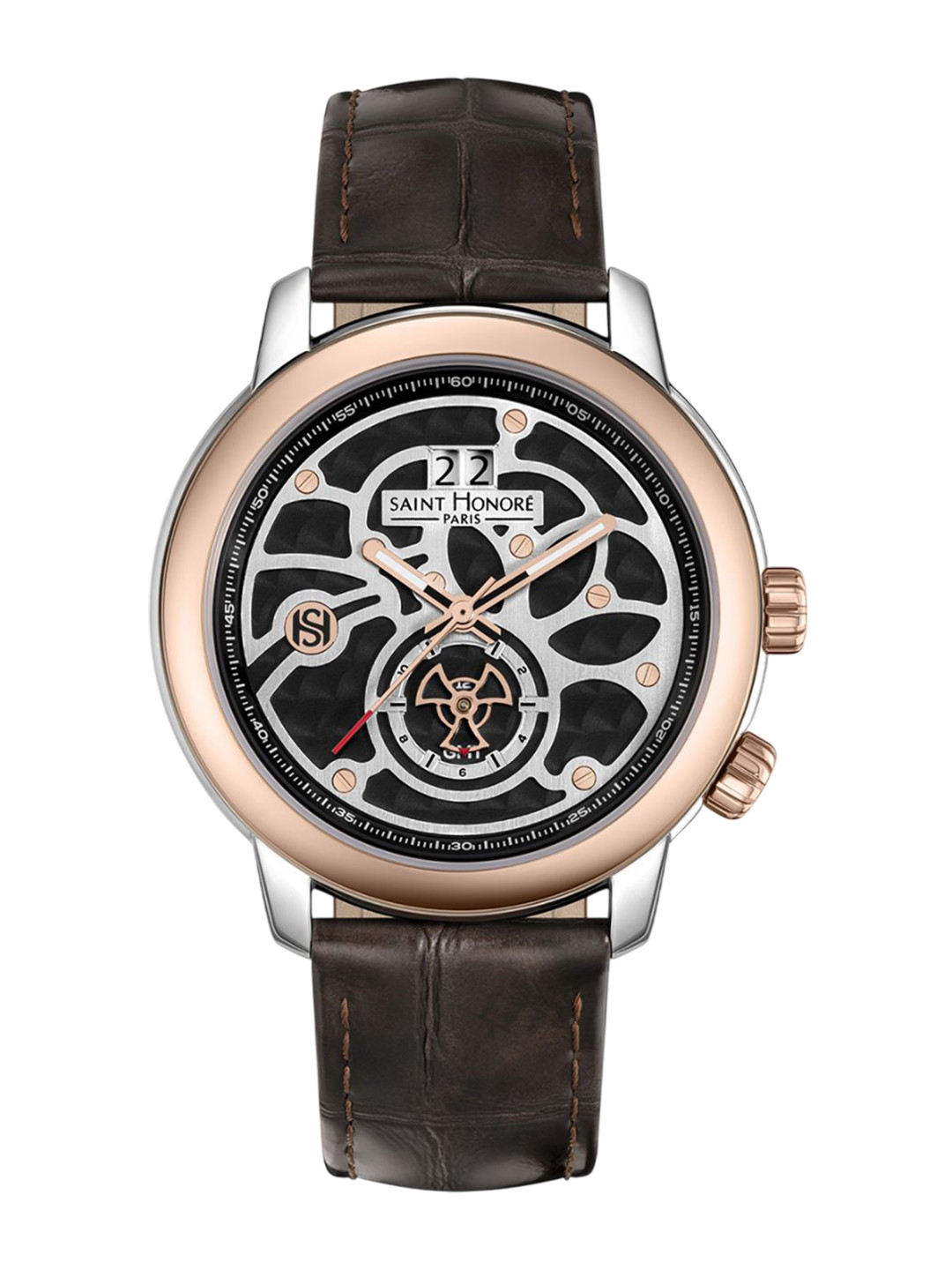 SAINT HONORE PARIS Men Skeleton Dial & Leather Textured Straps Analogue Watch OR867040-8LGIN