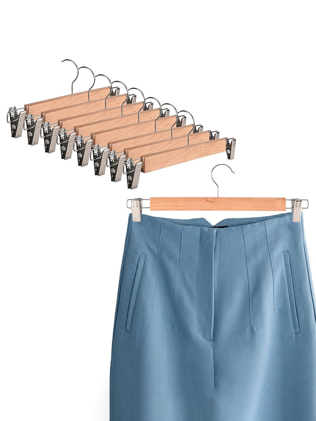 Kuber Industries 9 Pcs Bamboo Hangers For Clothes With 2-Adjustable Steel Clips