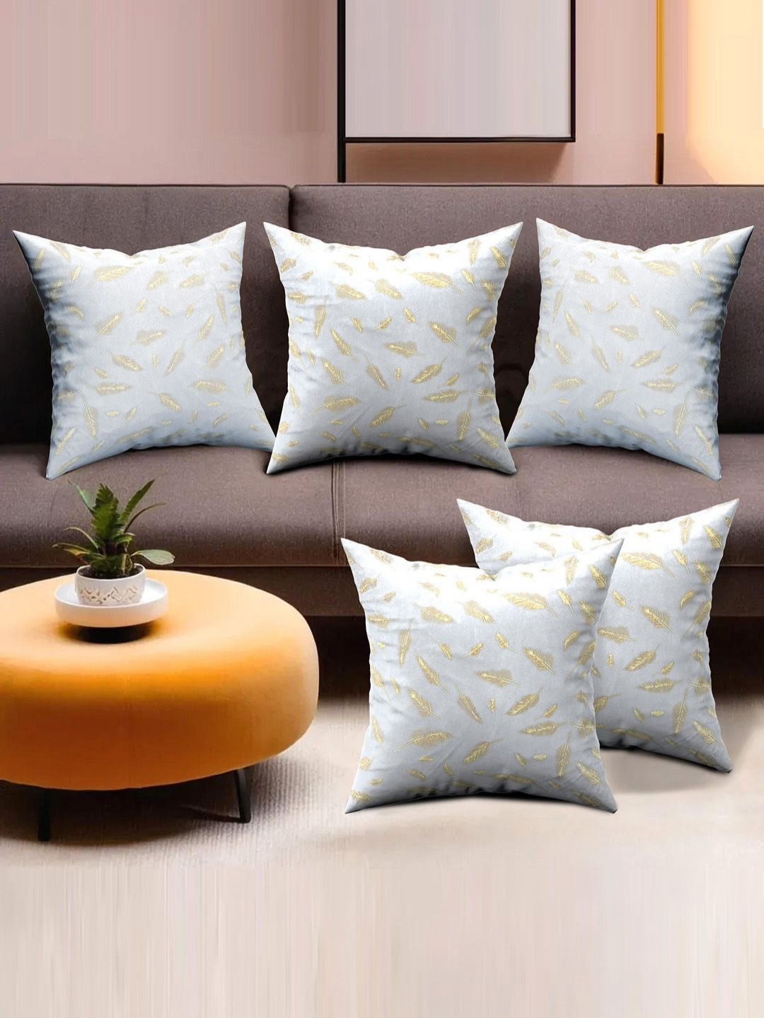 Aura Foil Print Grey Ethnic Motifs Velvet Durable 5 Piece Square Cushion Covers -17x17In
