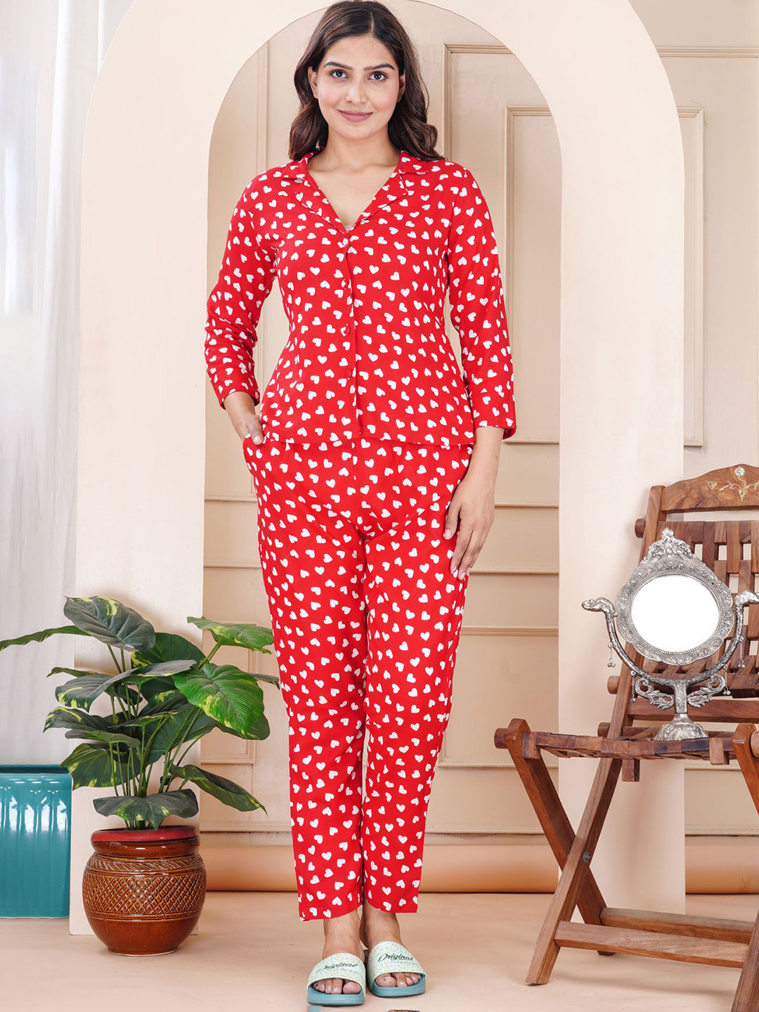 L.H HANDICRAFTS Graphic Printed Shirt Collar Neck Night Suit