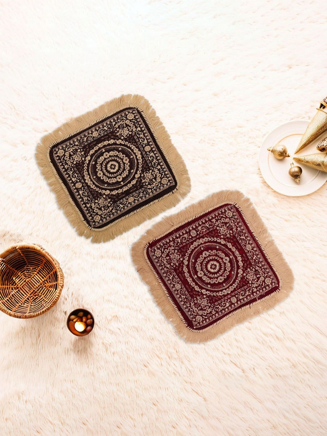 Aura 2-Pcs Brown & Maroon Floral Printed Velvet Finish Pooja Sitting floor Mat