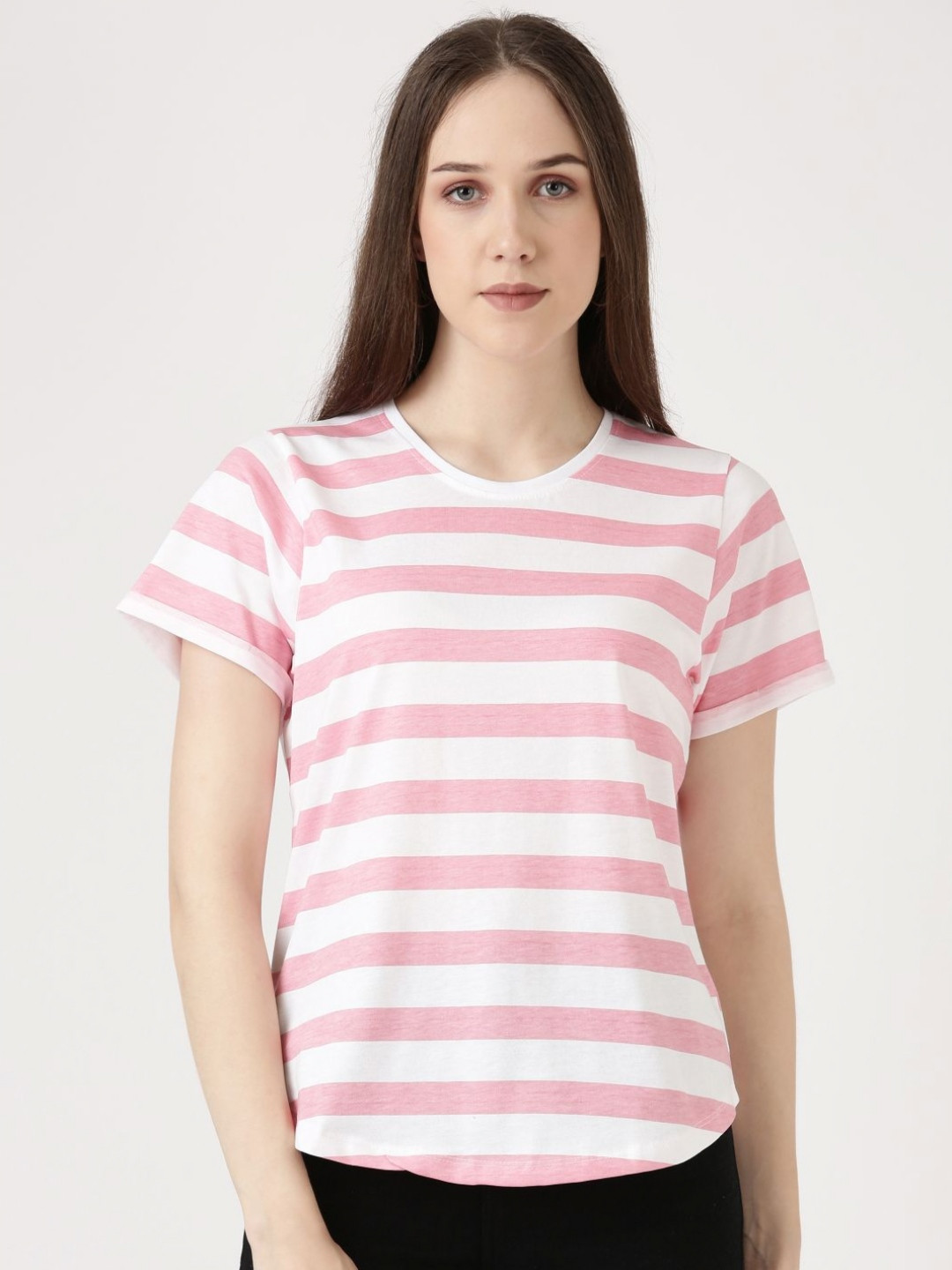 FILMODE Women Bio Finish Striped Round Neck Cotton T-shirt