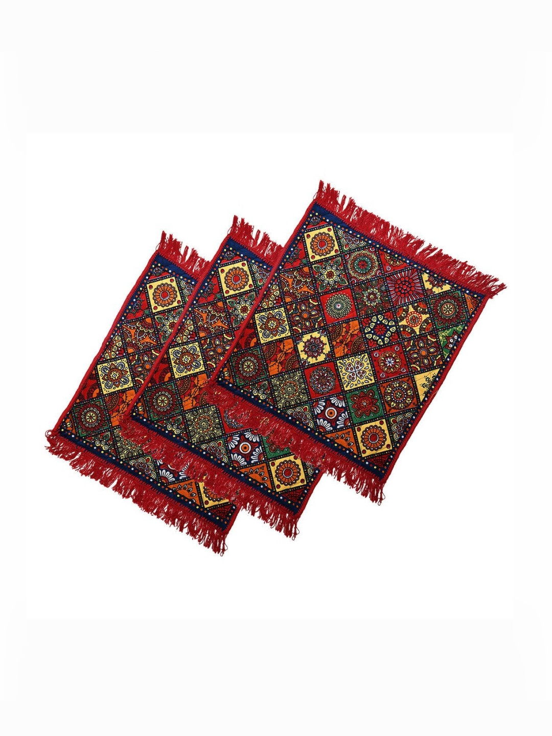 Aura 3-Pcs Red Traditional Rangoli Printed Velvet Finish Pooja Sitting Floor Mat