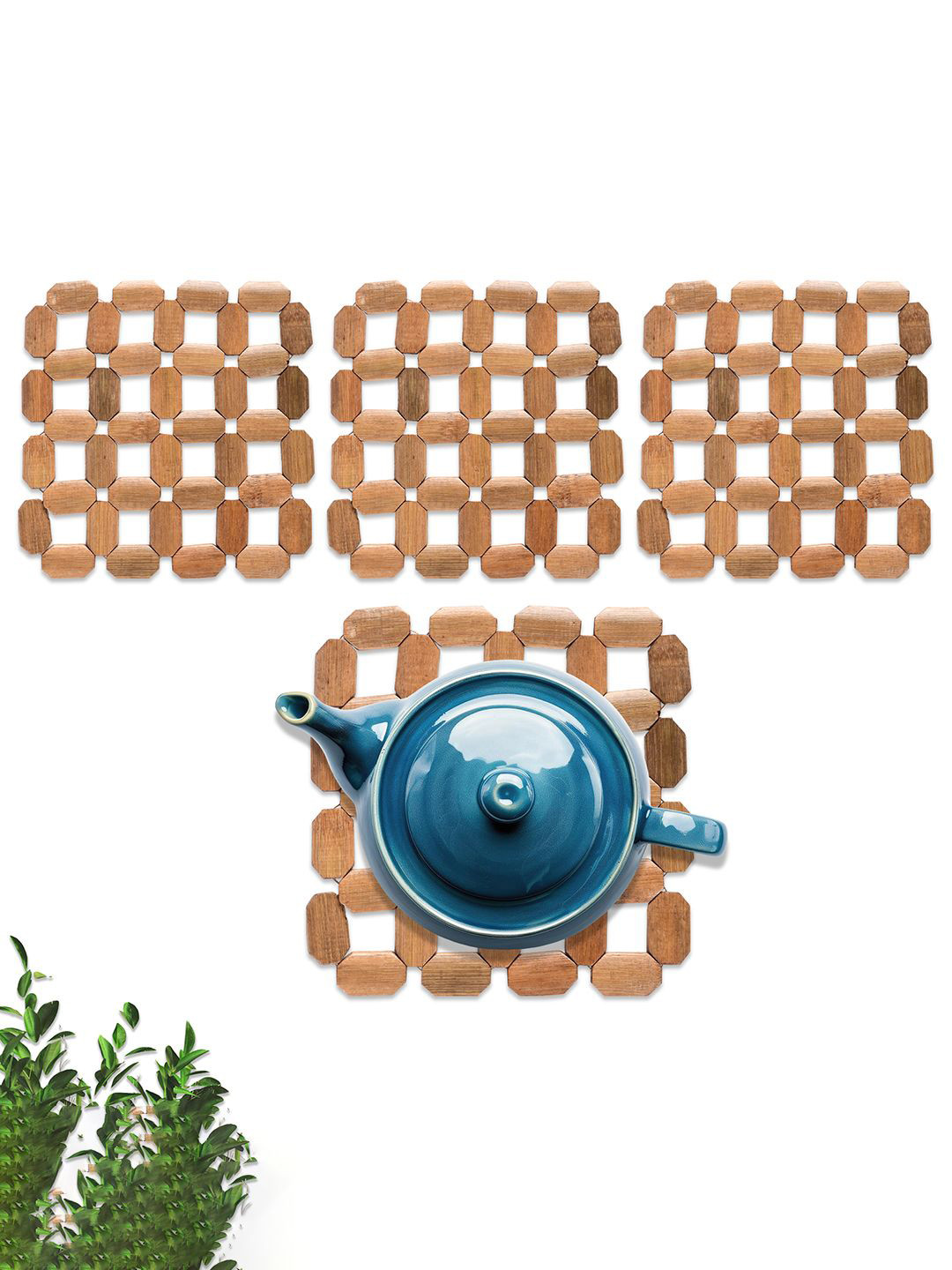 Kuber Industries 4-pcs Brown Bamboo Trivet Tea Coaster