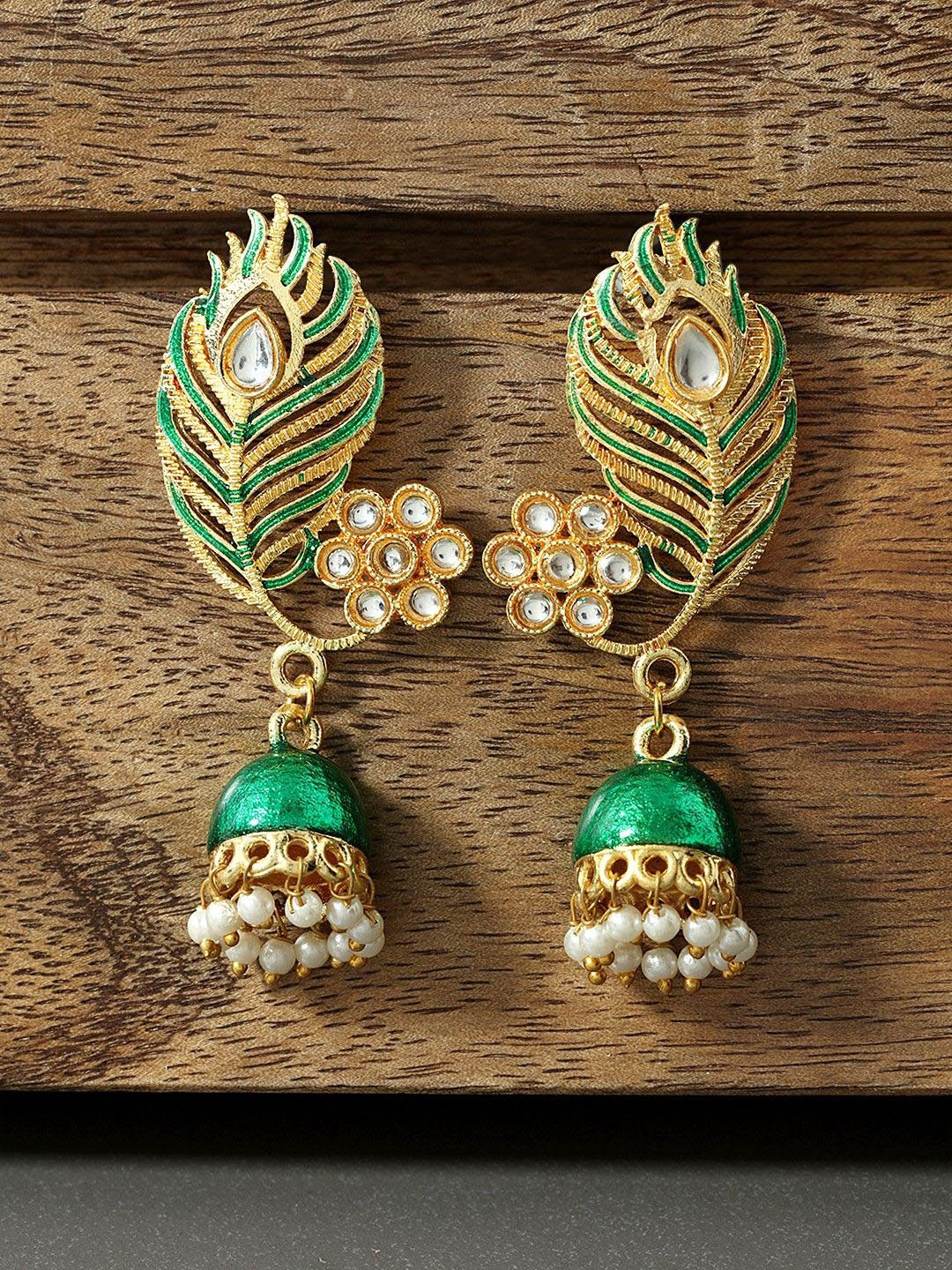 House of Pataudi Gold Plated Kundan Studded Peacock Feather Earrings