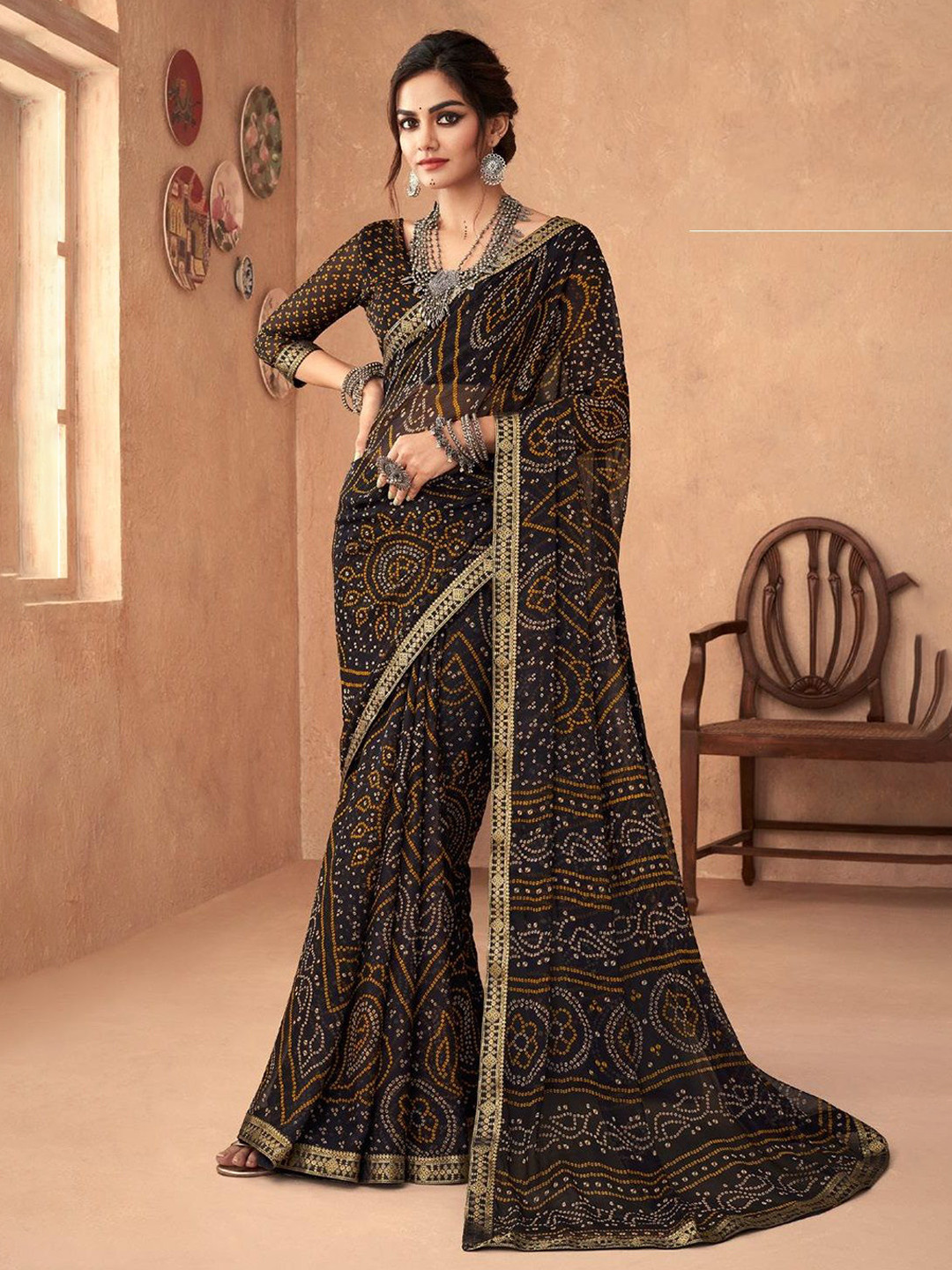 Reboot Fashions Bandhani Embroidered Pure Chiffon Bandhani Saree