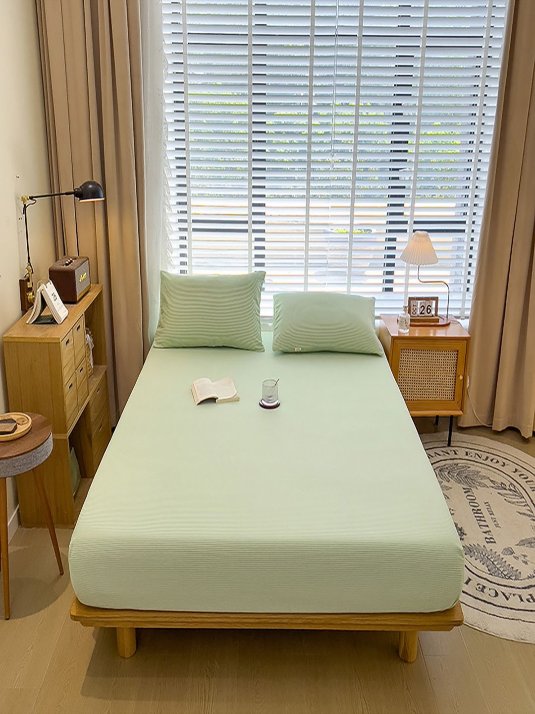 JC HOME Eclairs Green Striped Cotton 220 TC Fitted King Bedsheet with 2 Pillow Covers-245 x 270 cm