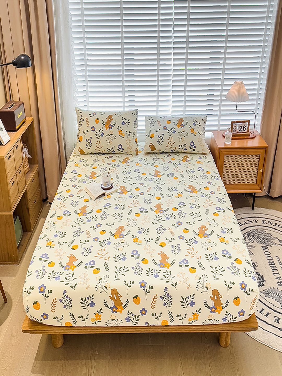 JC HOME Book Fold Beige Floral Cotton 220 TC Fitted King Fine Bedsheet with 2 Pillow Covers-71 x 79 inches