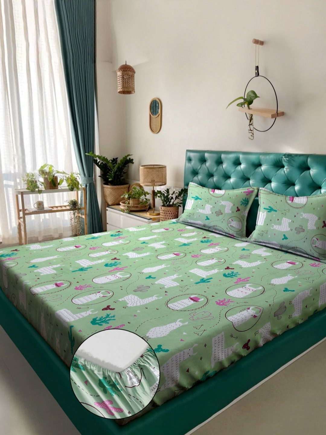 Myntra Elegant Homes Green & White Graphic 400 TC King Bedsheet with 2 Pillow Covers