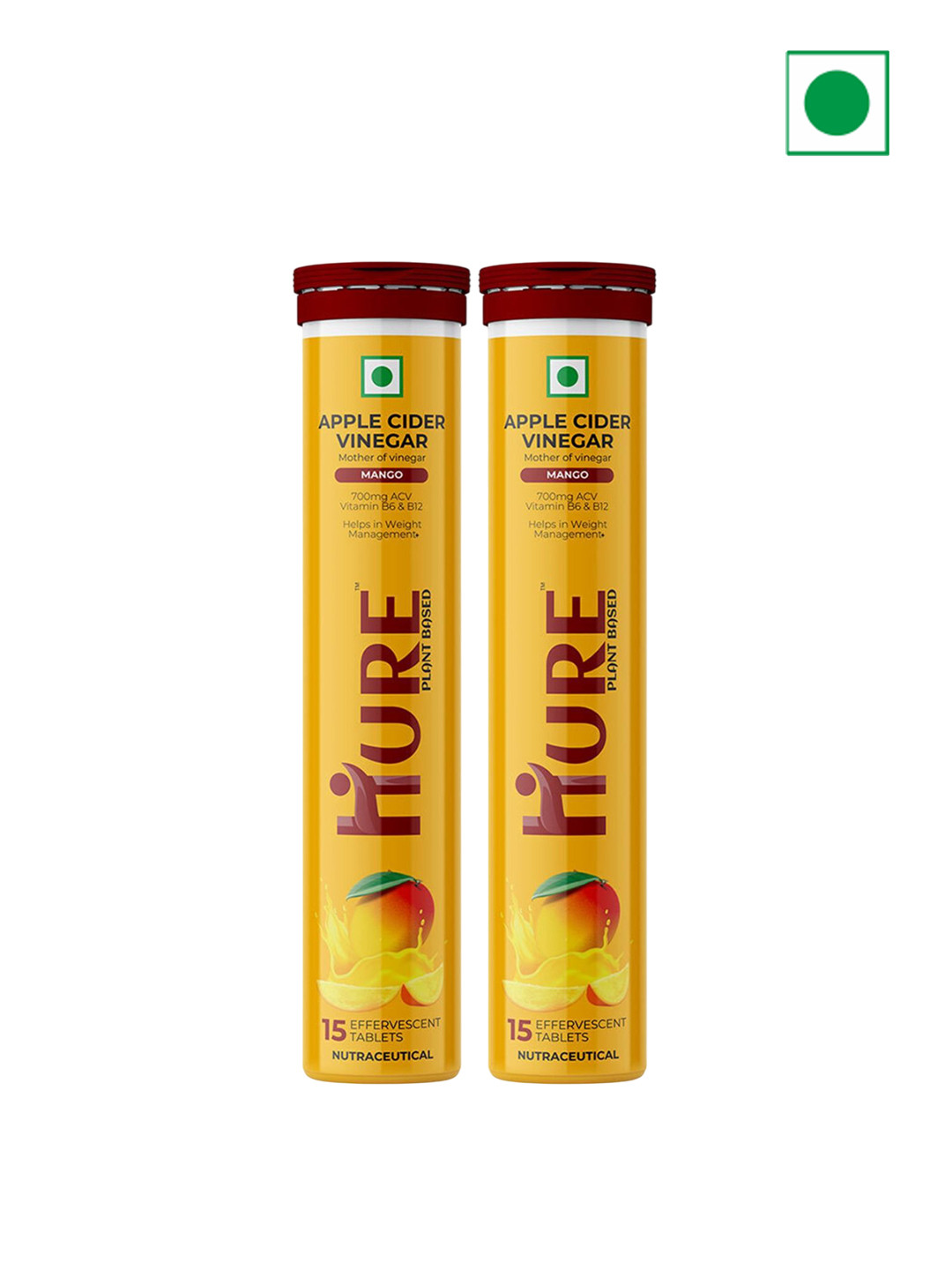 HURE THE PLANT FIX Premium Set Of 2 Mango Apple Cider Vinegar Tablets - 15 Tablets Each