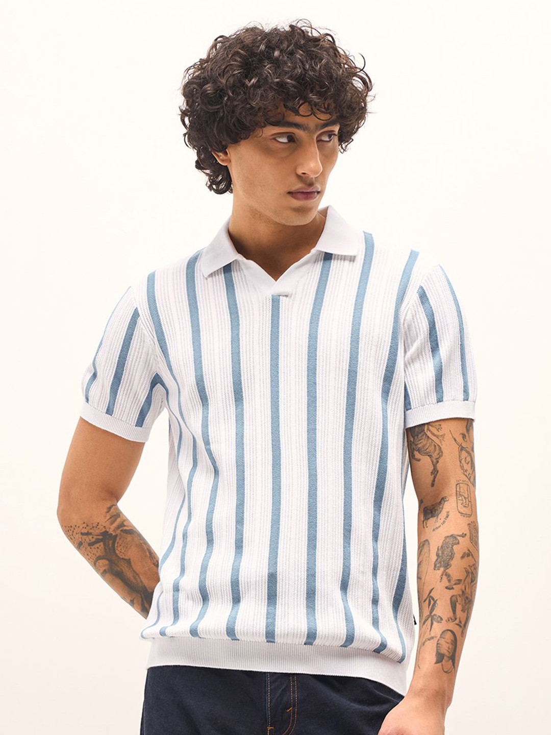 THE BEAR HOUSE Men Striped Polo Collar Slim Fit T-shirt