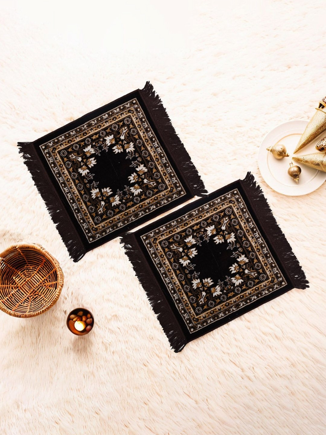 Aura 2-Pcs Brown Floral Printed Velvet Finish pooja sitting floor Mat