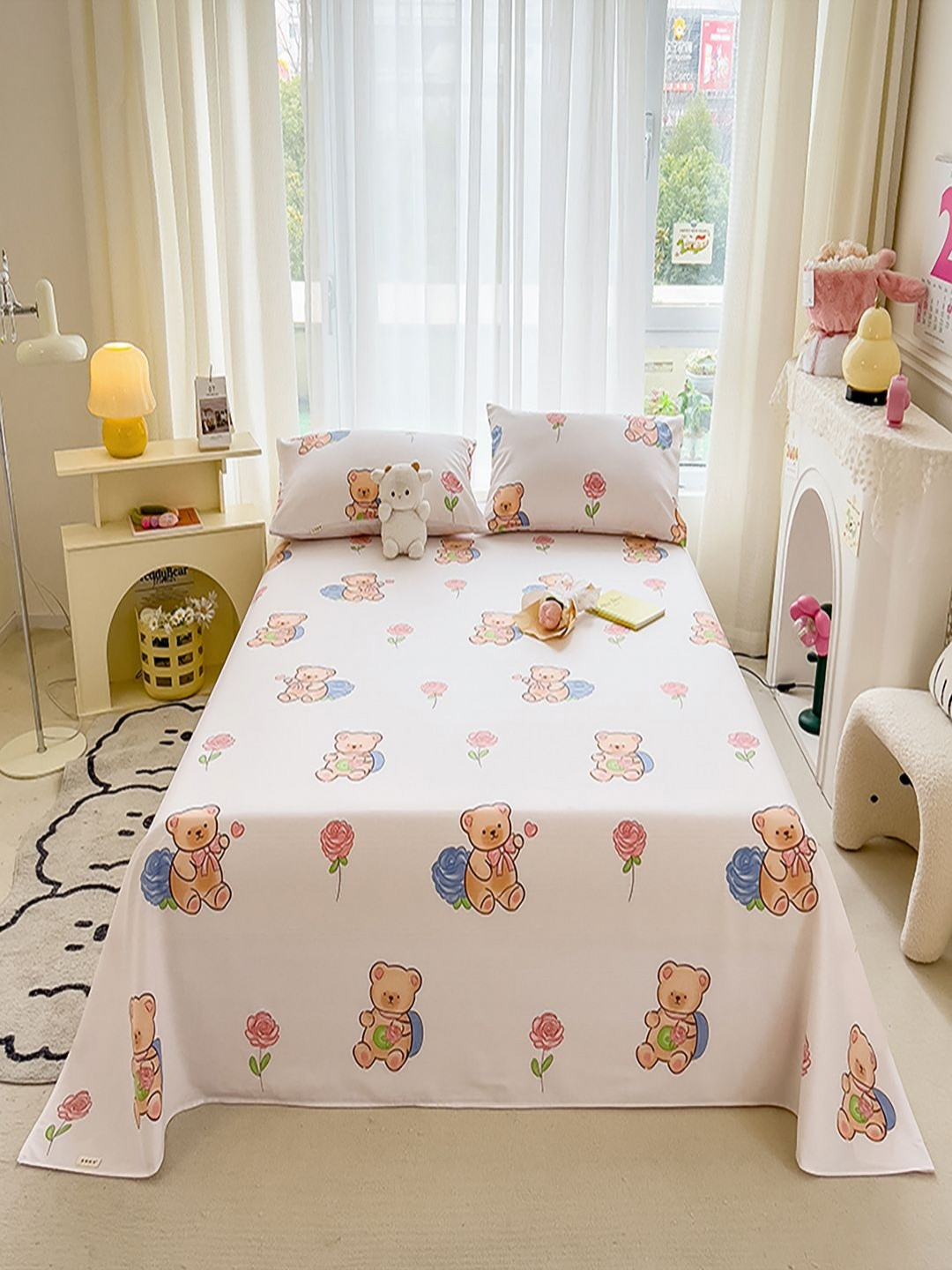 JC HOME Pink & Orange Cartoon Characters 140 TC Single Bedsheet with 1 Pillow Covers