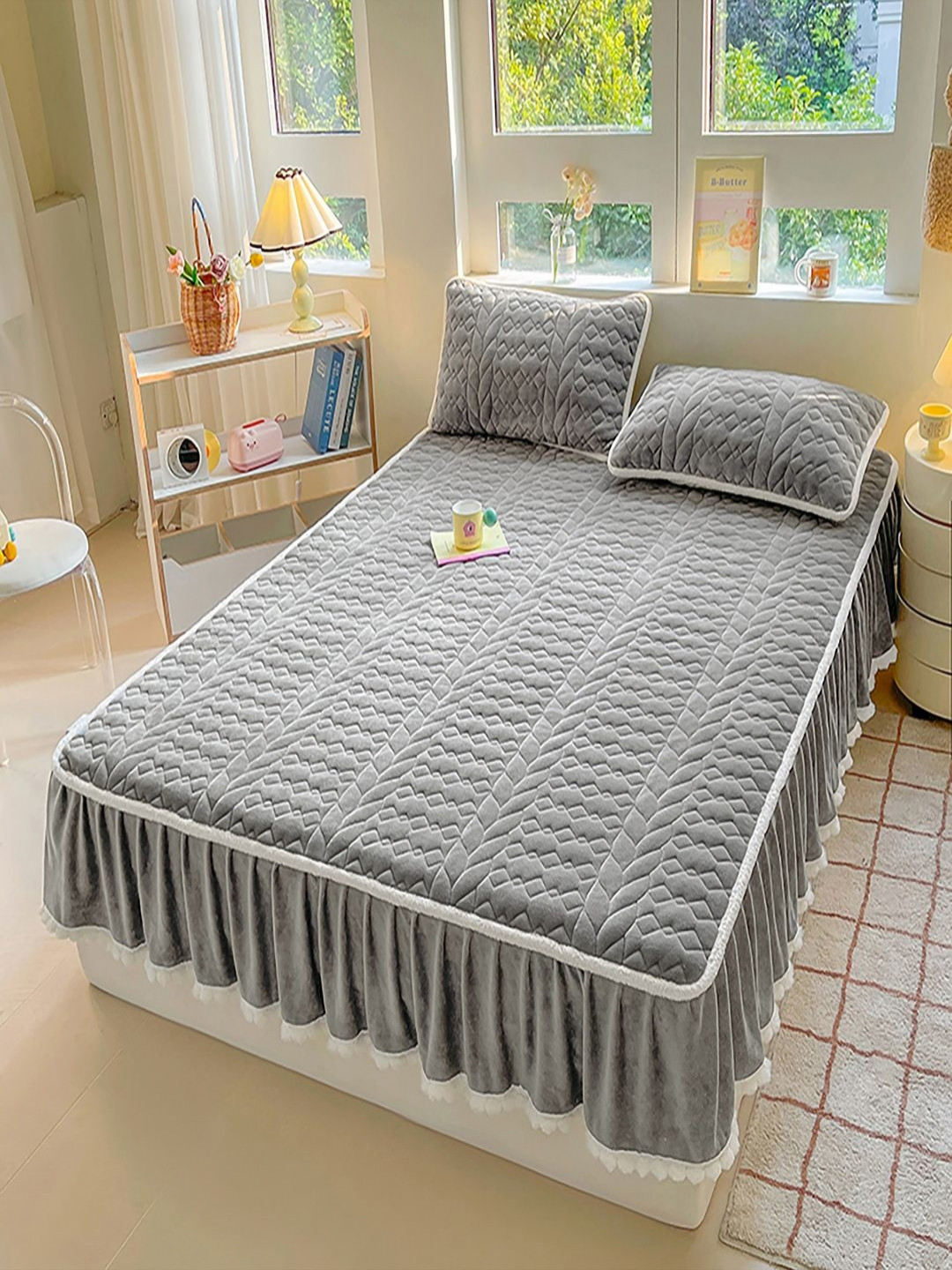 JC HOME Horizon Blooms Grey Geometric Polycotton 160 TC Fitted King Bedsheet with 2 Pillow Covers-71 x 79 inches