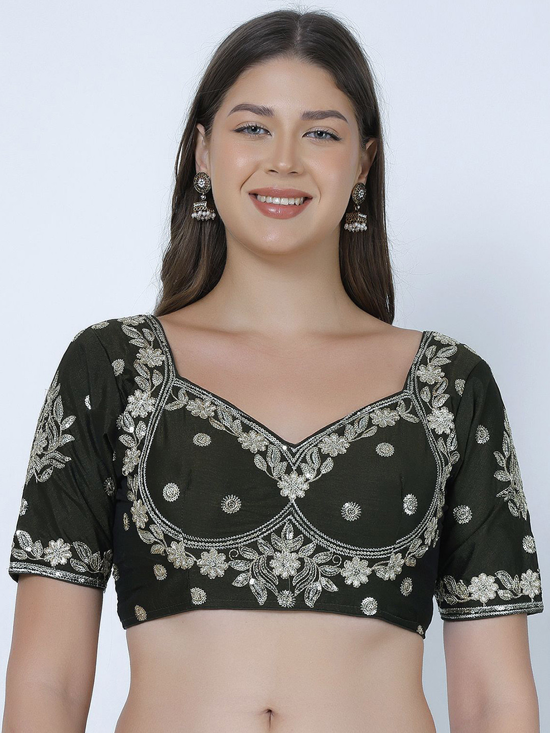 Trendzmy Embroidered Sweetheart Neck Choli Cut Short Sleeves Saree Blouse