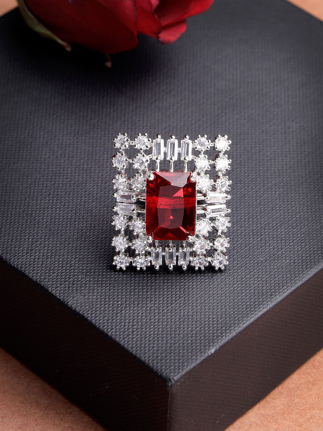 Anouk Women Red & Silver CZ-Studded Square-Shaped Adjustable Finger Ring