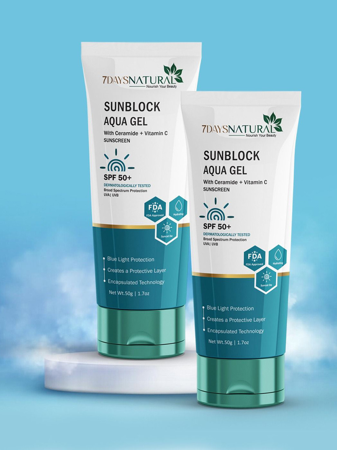 7DAYSNATURAL Natural Set Of 2 Sunblock Aqua Gel Sunscreen With SPF 50 + & Vitamin C - 50 g Each