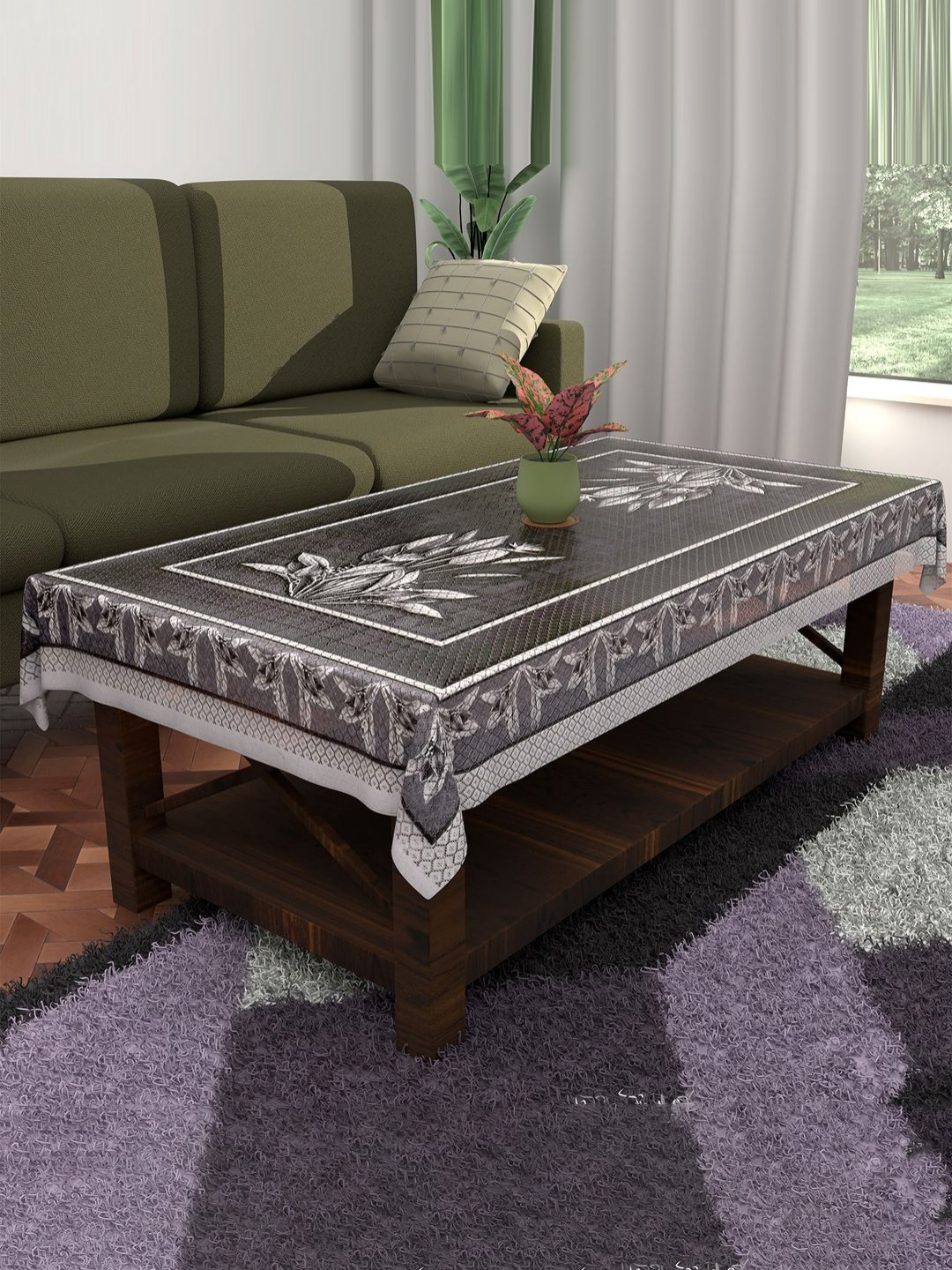 Aura Black Floral Cotton Durable & Washable 4-Seater Center Table Cover