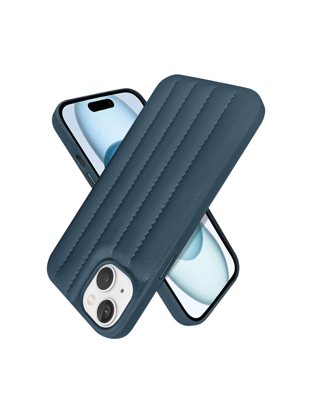 QRIOH iPhone 15 Plus Indigo Blue Stitch Leather Case