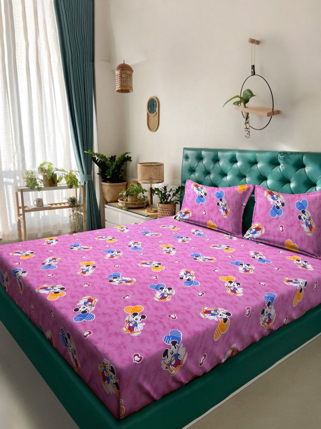 KLOTTHE Purple Cartoon Characters Cotton 400 TC King Superfine Bedsheet with 2 Pillow Covers-98 x 89 inches