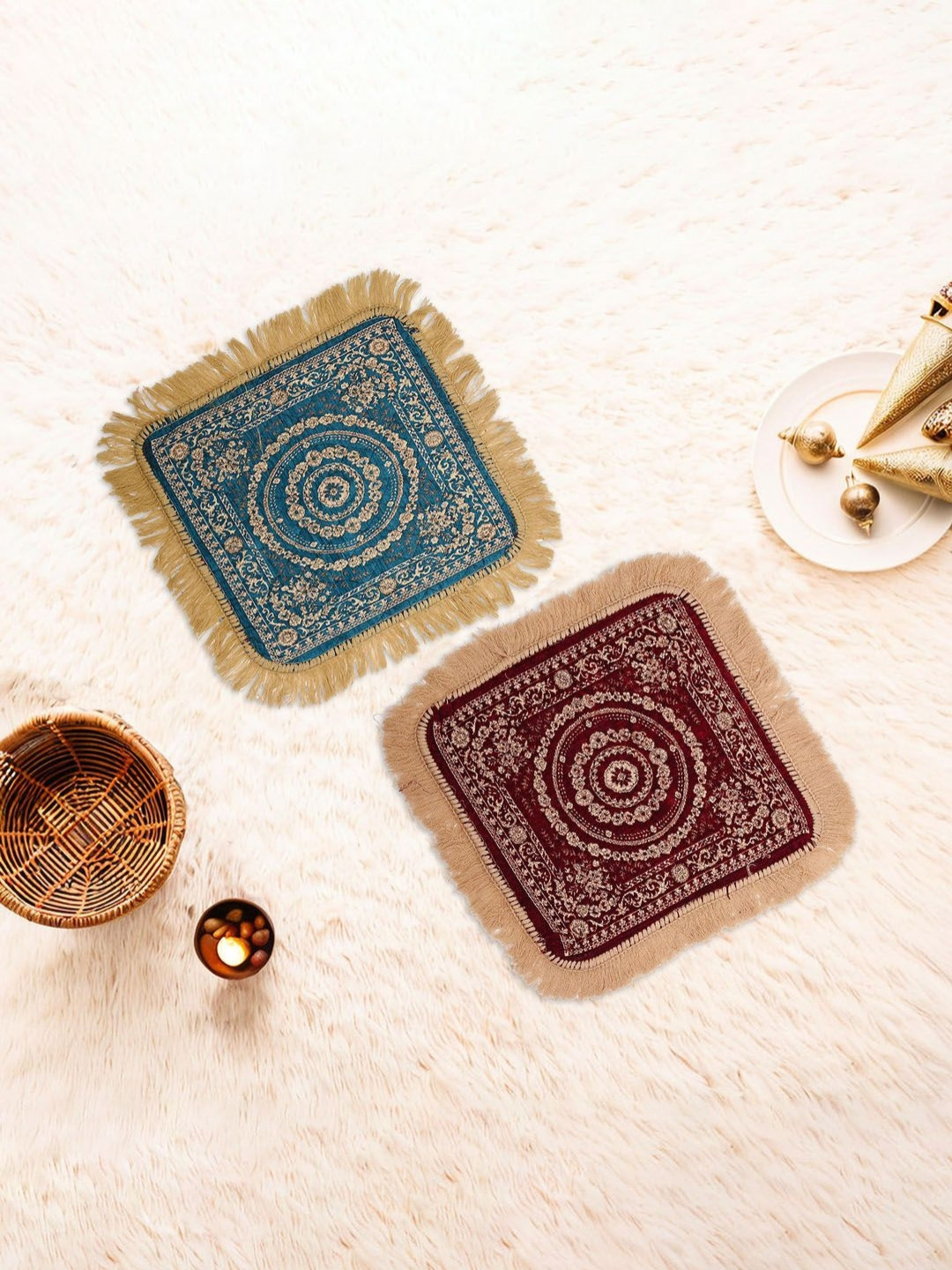 Aura Blue & Maroon 2-Pcs Floral Velvet Pooja Mat Printed Floor Mats