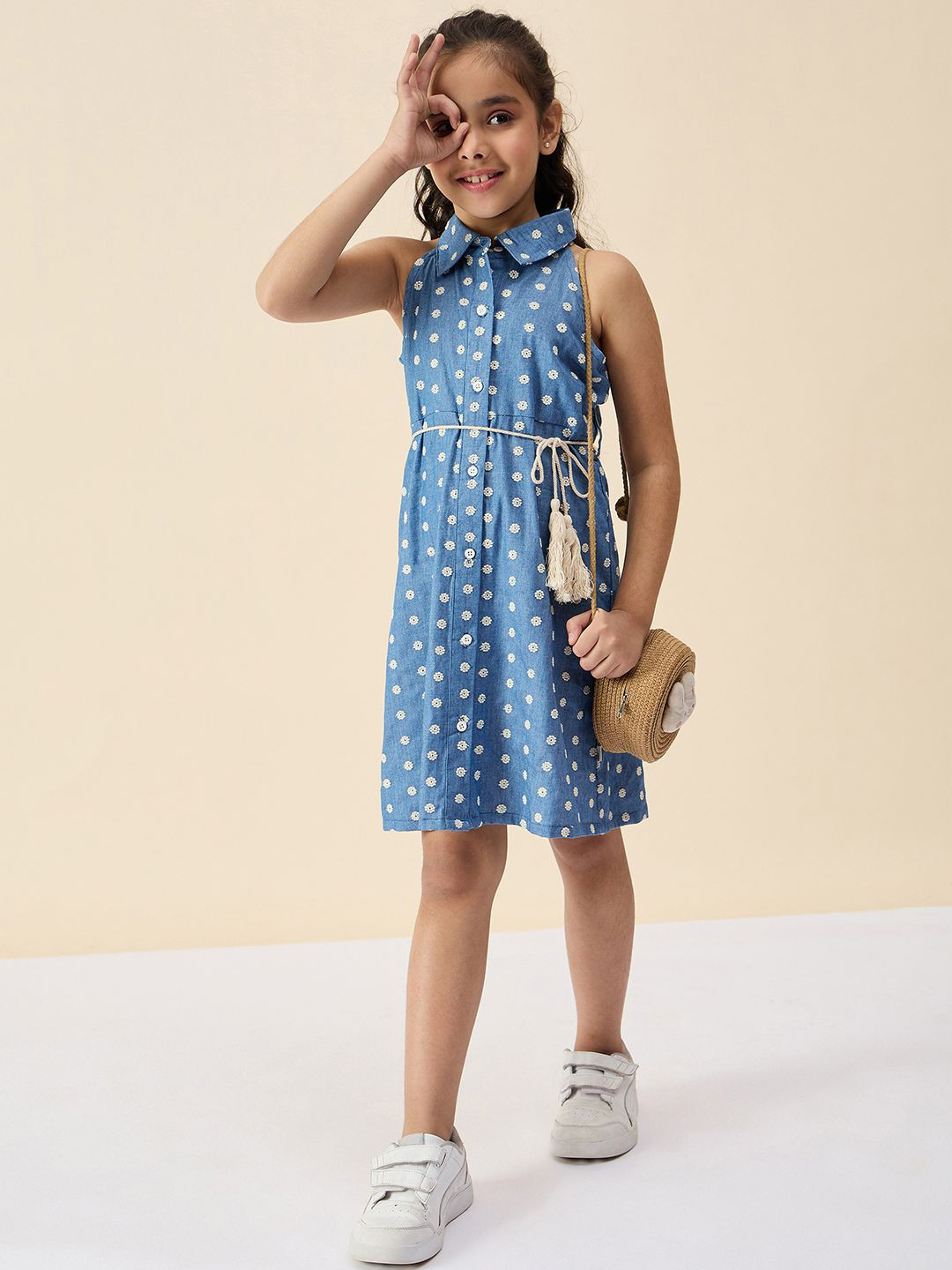 Stylo Bug Polka Dot Embroidered Denim A-Line Dress